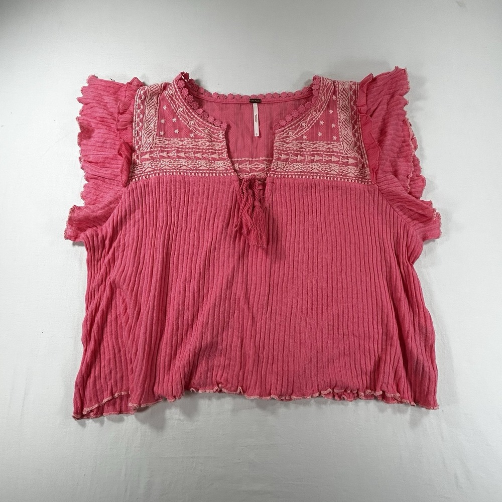 Free People Sarafina Embroidered Top Pink Rose Women's Size Small Tassel Tie Up